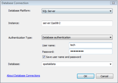 Example connection to a database on a SQL Server named instance using database authentication